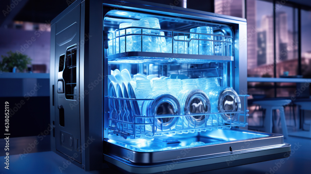 Open dishwasher with clean dishes in kitchen Open dishwasher with clean dishes in kitchen