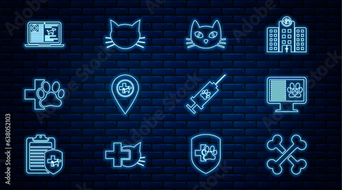 Set line Crossed bones, Clinical record pet monitor, Cat, Location veterinary, Veterinary clinic, dog laptop, Syringe with vaccine and icon. Vector