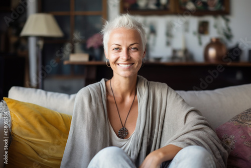 Portrait of beautiful smiling middle aged woman with short white hair, sitting in sofa in her home relaxing.