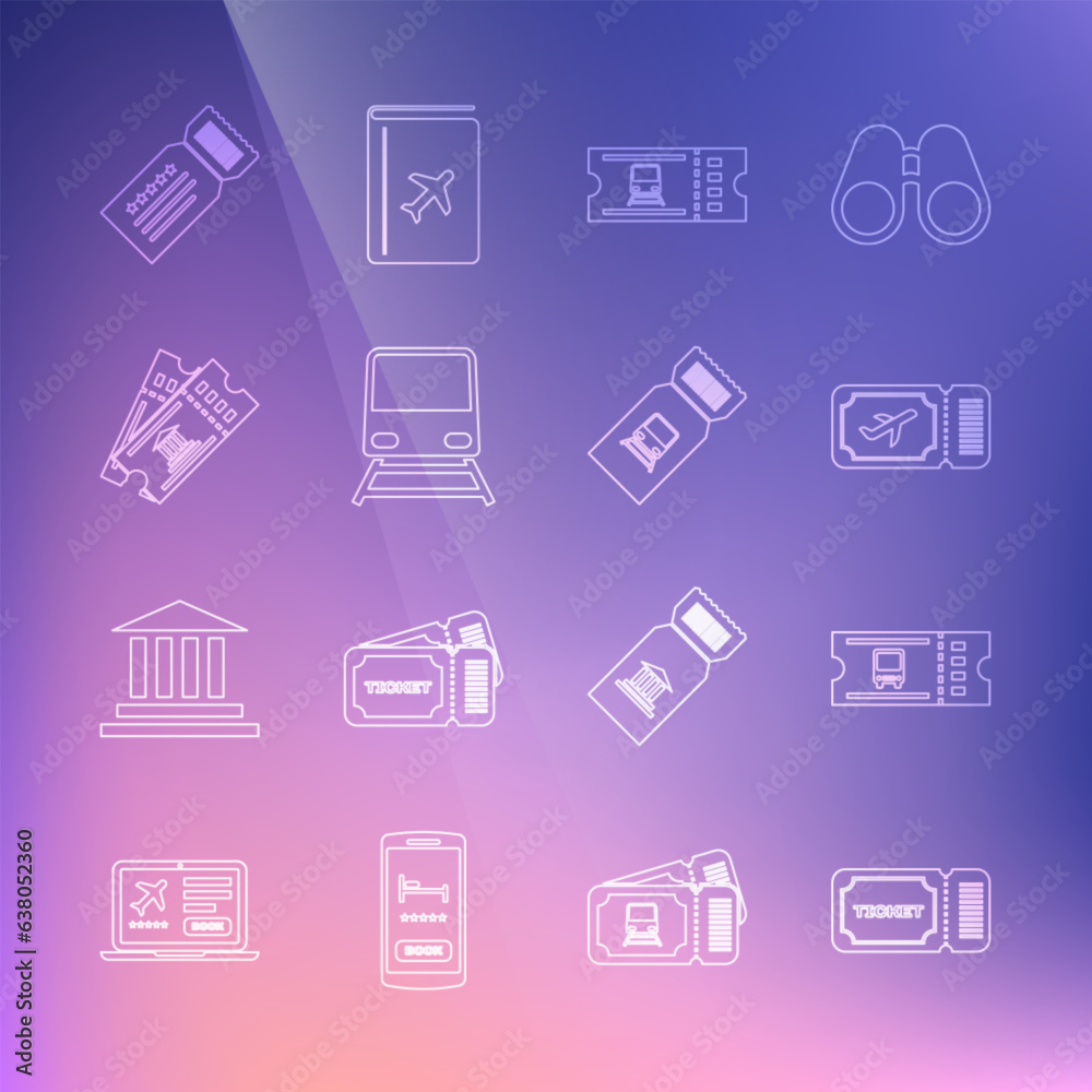 Set line Ticket, Bus ticket, Airline, Train, Museum, and icon. Vector Set line Ticket, Bus ticket, Airline, Train, Museum, and icon. Vector