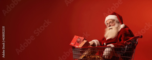 real man Santa Claus near a shopping cart full of present box on a red background.  Generative AI.