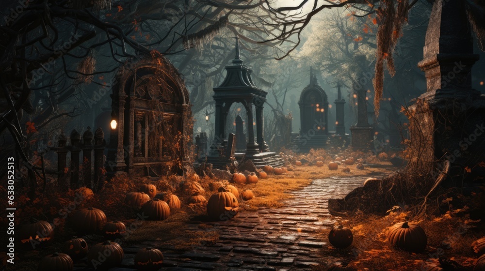 A cemetery with pumpkins on the ground