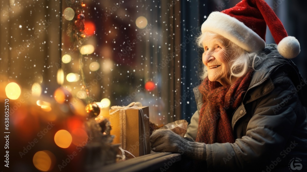 A woman in a santa hat looking out a window