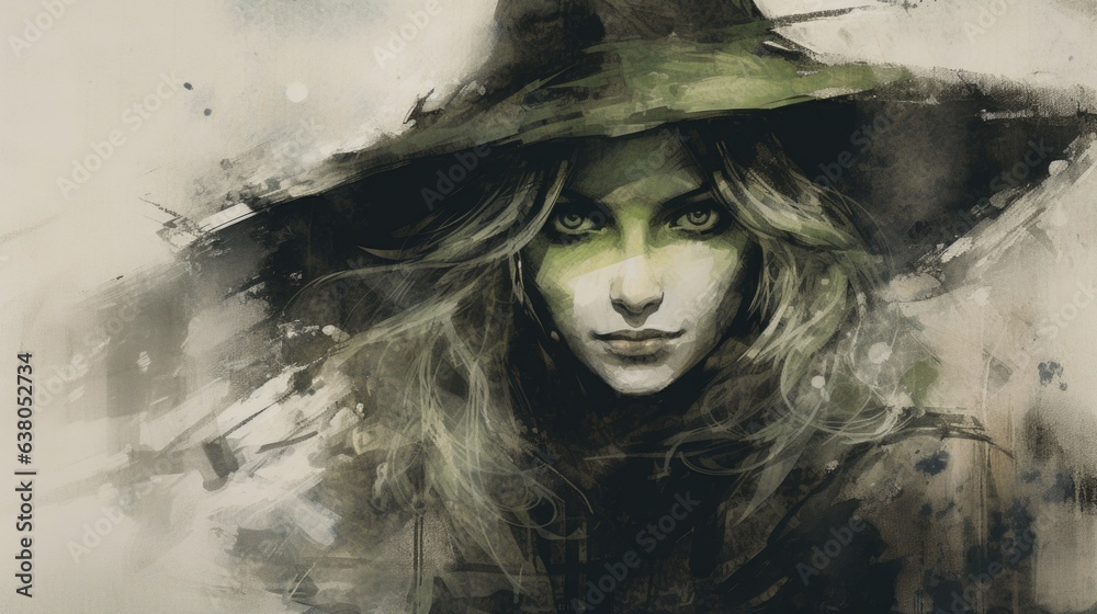 A painting of a woman wearing a witch hat