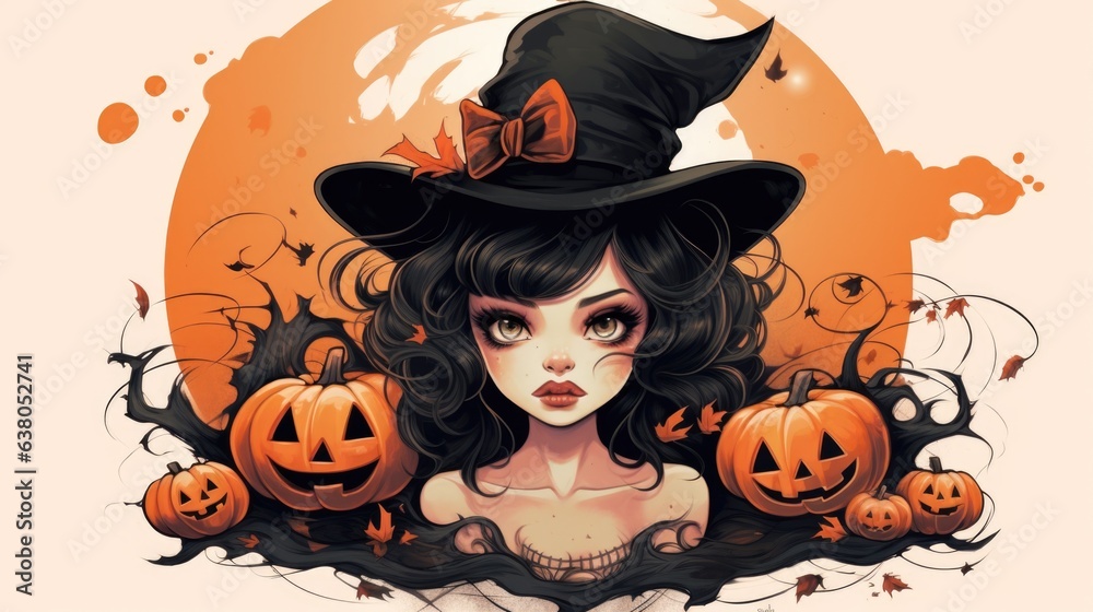 A woman in a witch hat surrounded by pumpkins