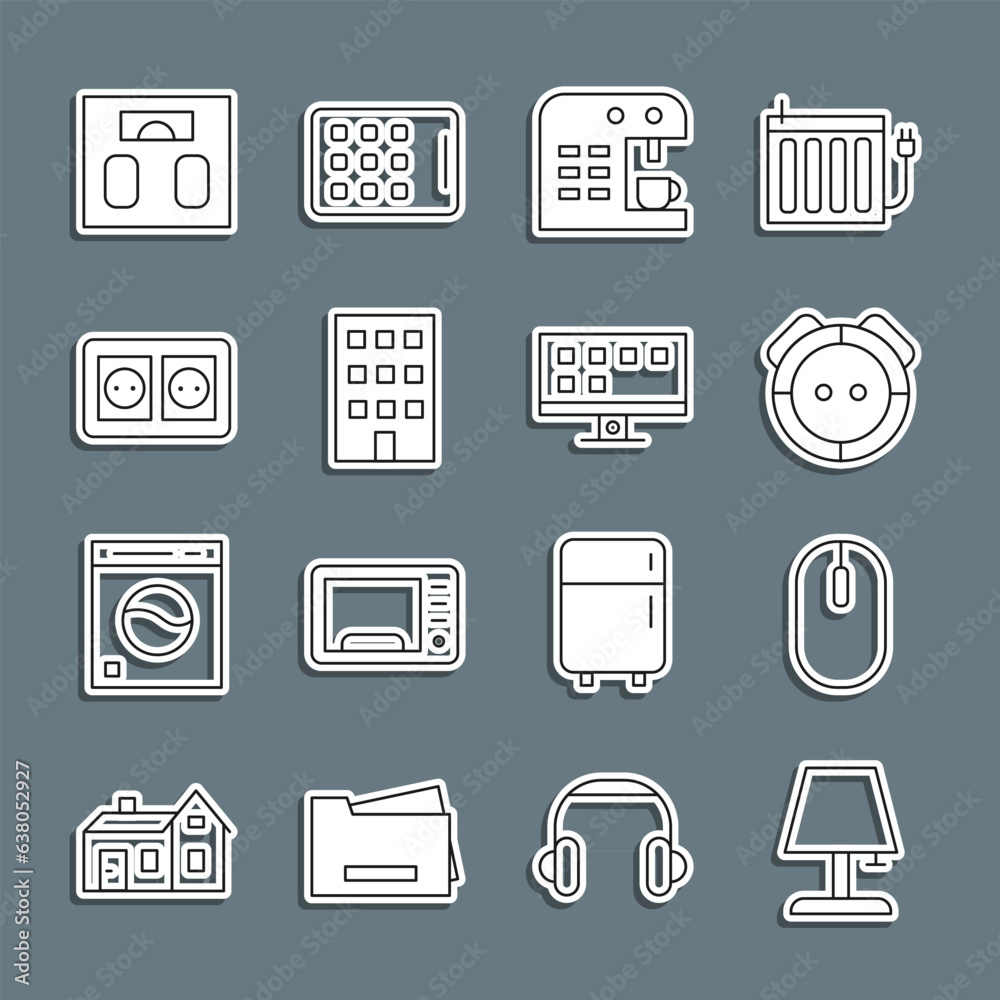 Set line Table lamp, Computer mouse, Robot vacuum cleaner, Coffee machine, House, Electrical outlet, Bathroom scales and Smart Tv icon. Vector Set line Table lamp, Computer mouse, Robot vacuum cleaner, Coffee machine, House, Electrical outlet, Bathroom scales and Smart Tv icon. Vector