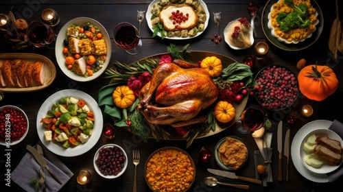 A table full of thanksgiving food with a turkey on it