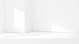 White blank floor studio room with sunlight beams and shadows, abstract interior white background design