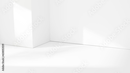 White blank floor studio room with sunlight beams and shadows, abstract interior white background design corner