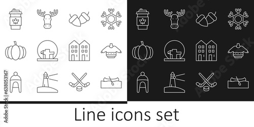 Set line Kayak or canoe, Christmas sweater, Acorn, Montreal Biosphere, Pumpkin, Coffee cup to go, House and Moose head with horns icon. Vector