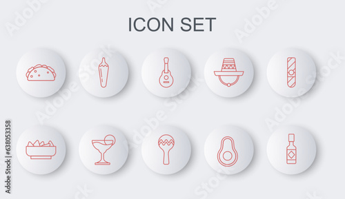 Set line Tabasco sauce, Nachos in bowl, Mexican guitar, Avocado fruit, Taco with tortilla, Hot chili pepper pod, Margarita cocktail and Maracas icon. Vector