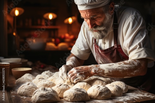older baker kneading dough to create delicious bread (Generative AI)
