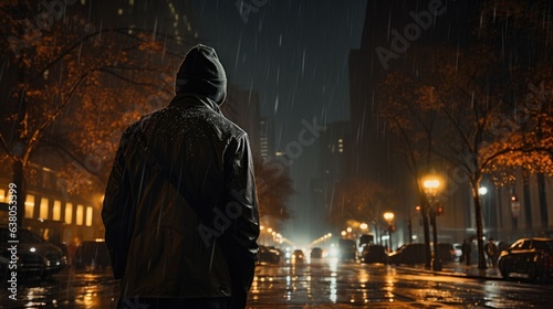 Rainy street at night. Lonely man walking down a rainy street at night