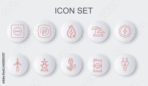 Set line Electric plug, Wind turbine, Water energy, Bio fuel barrel, Electrical outlet, Location with leaf, tower and saving icon. Vector