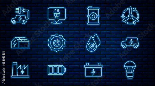 Set line LED light bulb, Electric car, Bio fuel barrel, Power button, Solar energy panel, Water and plug icon. Vector