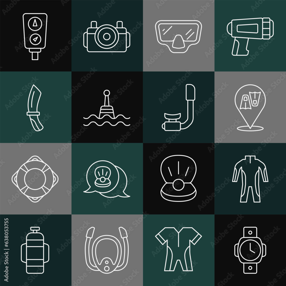 Set line Diving watch, Wetsuit for scuba diving, Flippers swimming, mask, Floating buoy, knife, Gauge scale and Snorkel icon. Vector Set line Diving watch, Wetsuit for scuba diving, Flippers swimming, mask, Floating buoy, knife, Gauge scale and Snorkel icon. Vector