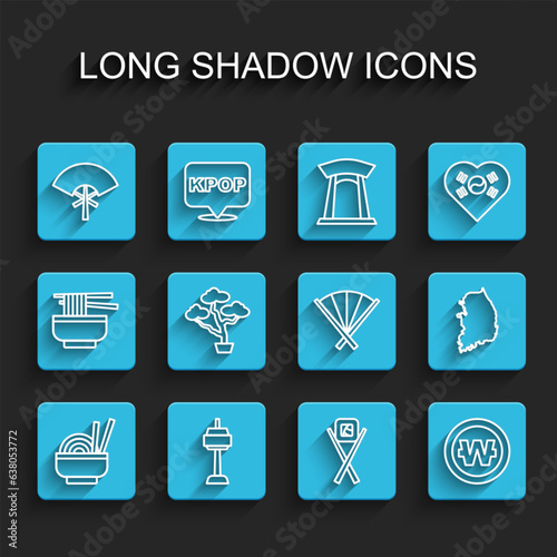 Set line Asian noodles in bowl, N Seoul tower South Korea, Traditional fan, Sushi with chopsticks, Korean won coin, Bonsai tree, map and icon. Vector