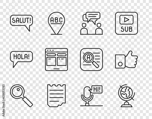 Set line Magnifying glass, Earth globe, Two sitting men talking, Notebook, Salut different languages, Online translator, Microphone voice device and Hand like icon. Vector