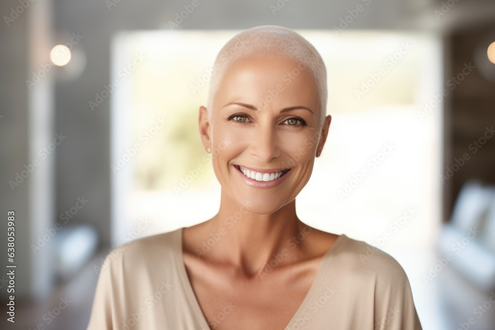 Portrait of beautiful smiling middle aged hipster woman with short blonde hair