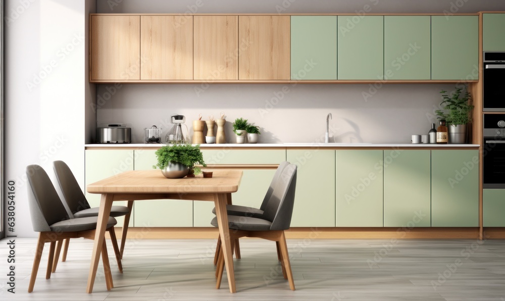 A cozy kitchen, complete with a vibrant table and chairs, is an inviting space to gather and create memories while admiring the timeless design of the cabinetry, cupboards, walls, and floors