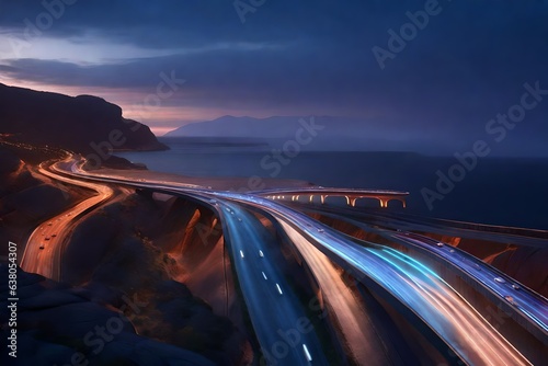 A super realistic photography of a majestic highway stretching gracefully over the vast  shimmering sea