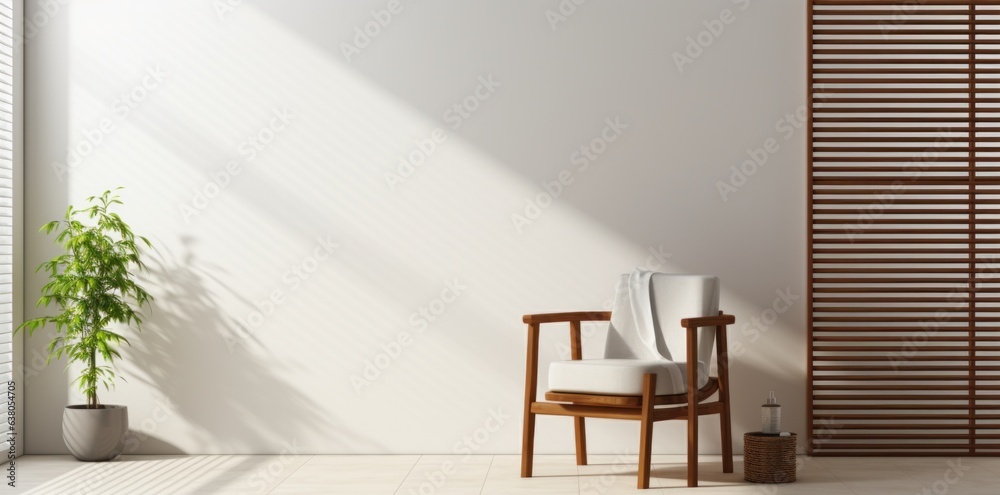 Fototapeta premium The vibrant colors of the chair, window, and houseplant brighten up the room, creating a cozy and inviting atmosphere that invites visitors to relax and appreciate the unique design of the furniture 