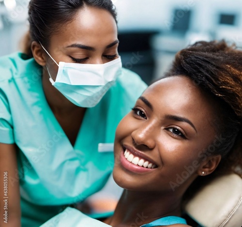 Happy smiling black woman at dentist for dental treatment. Teeth checkup at clinic. Tooth whitening  cleaning  oral care  or mouth and gum care at hospital dental office. Generative AI