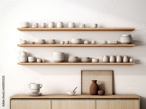 This carefully designed kitchen shelf showcases a range of exquisite white ceramic pottery and tableware, creating a beautiful yet functional interior design