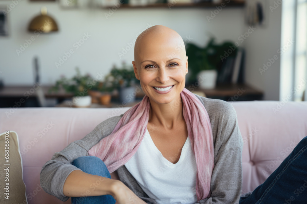 Portrait of a strong, beautiful smiling woman with no hair, cancer survivor, sitting on the sofa in her home. Portrait of a strong, beautiful smiling woman with no hair, cancer survivor, sitting on the sofa in her home.