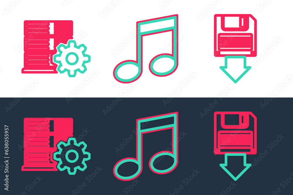 Set line Floppy disk backup, Server setting and Music note, tone icon. Vector Set line Floppy disk backup, Server setting and Music note, tone icon. Vector