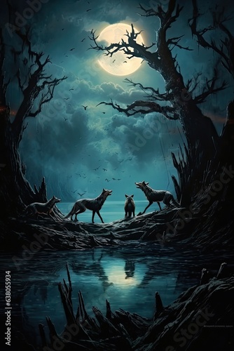 Wolves hunting together under the stunning moonlight. © HandmadePictures
