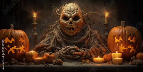 Spooky halloween pumpkin figure with an evil face and leaning on a wooden bench with a candles and carved pu,pkins photo