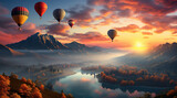 Colorful hot air balloons soaring over scenic valley. Created with Generative AI