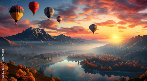 Colorful hot air balloons soaring over scenic valley. Created with Generative AI