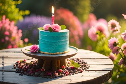 birthday cake with candles and flowers generated Ai.