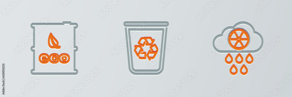 Set line Acid rain and radioactive cloud, Bio fuel barrel and Recycle bin with recycle icon. Vector Set line Acid rain and radioactive cloud, Bio fuel barrel and Recycle bin with recycle icon. Vector