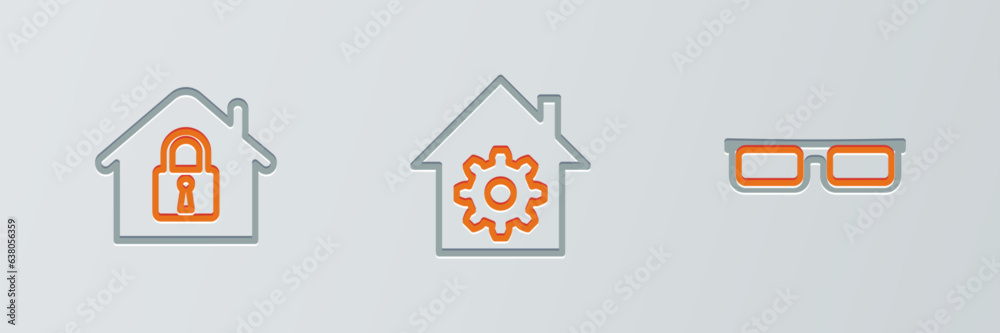 Set line Glasses, House under protection and Smart home settings icon. Vector