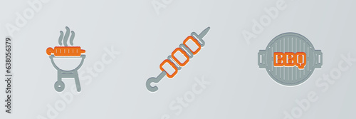 Set line Barbecue grill, grilled shish kebab and Grilled icon. Vector