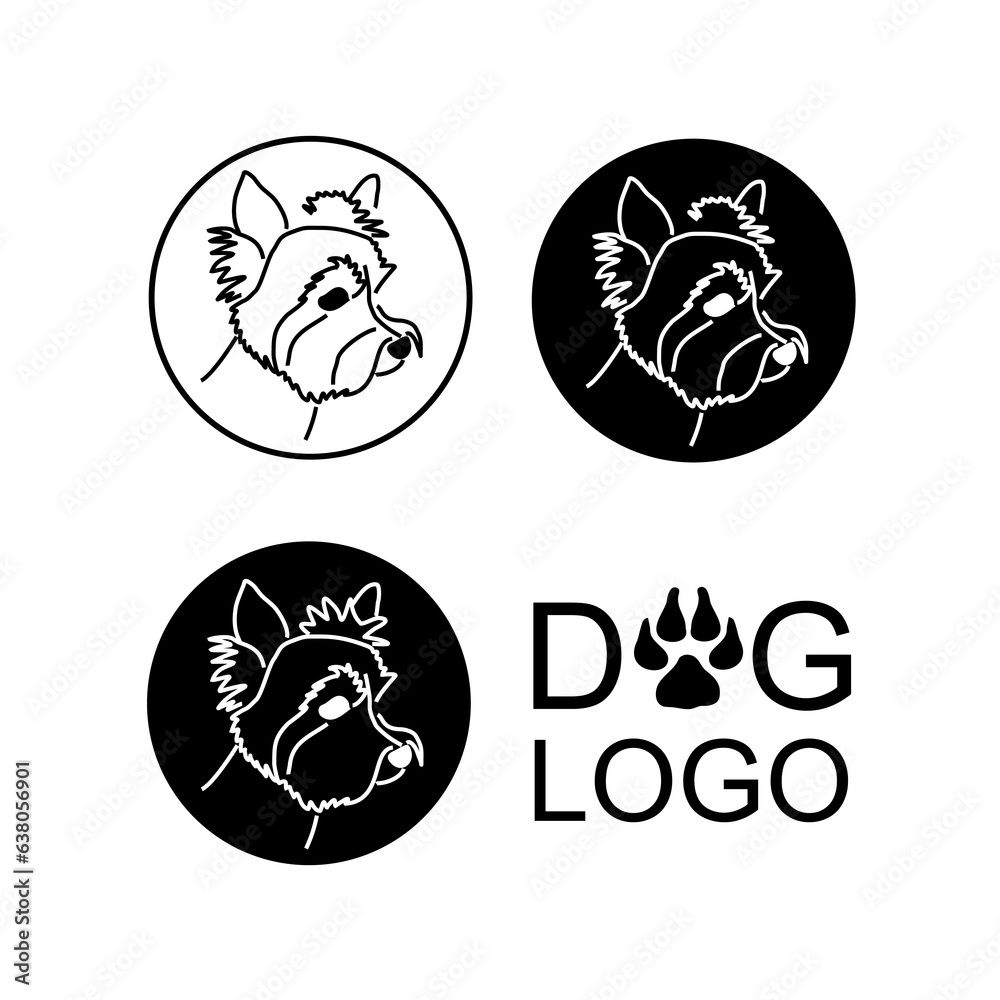 Round logo of a cute Yorkshire terrier black and white. Vector set of glamorous dog pet icon