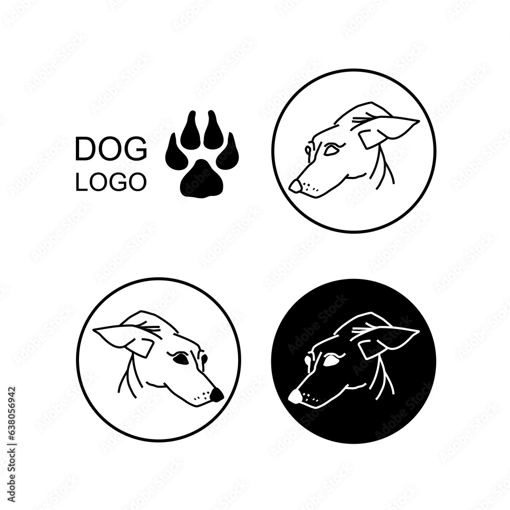 Round dog logo black and white. Set of vector pet icon. Different expressions of the dog's face