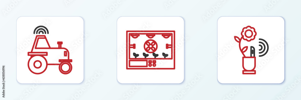 Set line Smart farming technology, Wireless tractor on smart and icon. Vector