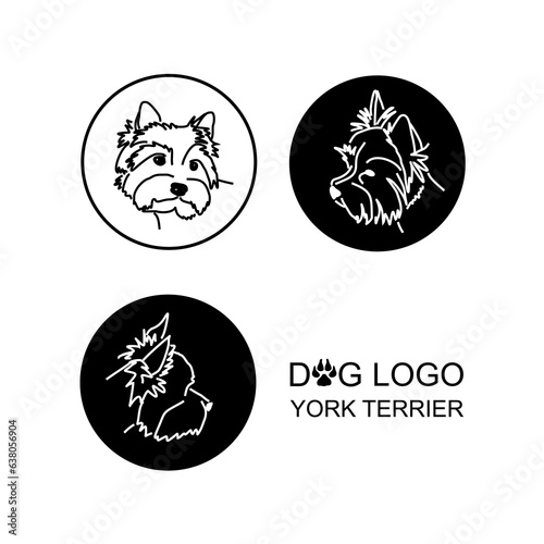 Round logo of a cute Yorkshire terrier black and white. Vector set of glamorous dog pet icon