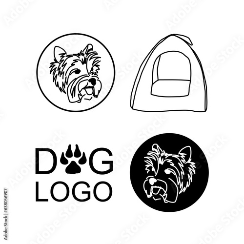 Round logo of a cute Yorkshire terrier black and white. Vector set of glamorous dog pet icon