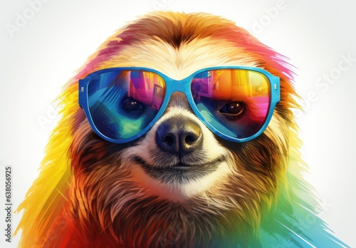 Close portrait of furry sloth in fashion style. Stylish animal posing in sunglasses. Cute cartoon character. Illustration for cover, card, postcard, interior design, decor, invitations or print. © Login