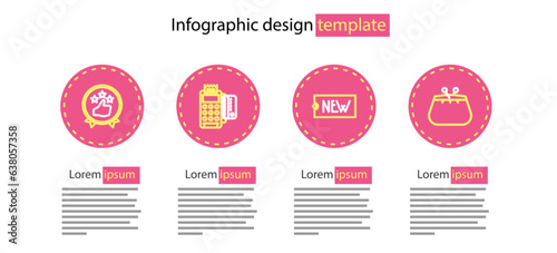 Set line Price tag with text New, Wallet, POS terminal credit card and Consumer or customer product rating icon. Vector