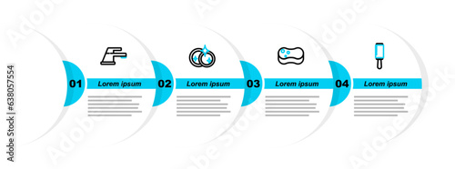 Set line Adhesive roller, Sponge, Washing dishes and Water tap icon. Vector