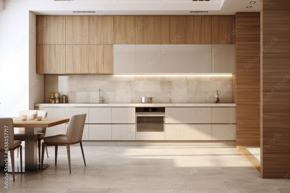 Fototapeta premium This cozy kitchen with its bright, inviting wall design, modern furniture, and warm flooring, invites you to enjoy a home-cooked meal surrounded by family and friends at the inviting table