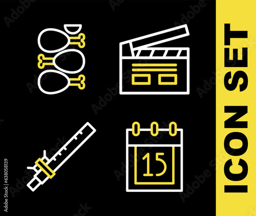 Set line Bollywood indian cinema, Independence day India, Bamboo flute and Tandoori chicken icon. Vector