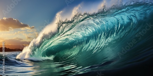 AI Generated. AI Generative. Big sea ocean wave surfing background. Vacation adventure travel tropical extreme surfing sport vibe. Mock up surf club presentation