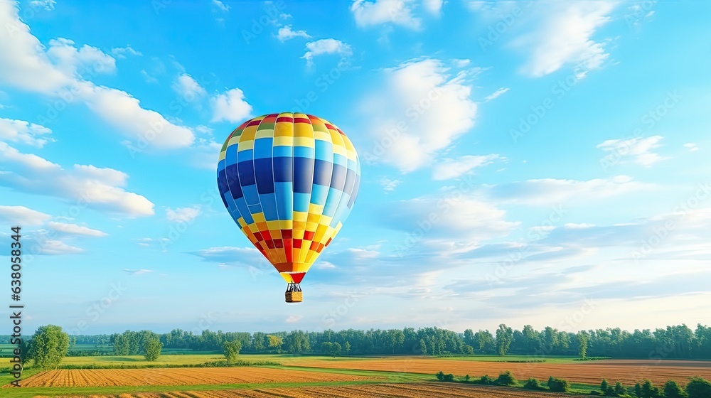 Fototapeta premium A bright hot air balloon flies over a beautiful landscape with plowed fields and forests on the horizon. The concept of motivation and inspiration for an active summer holiday. Illustration for design